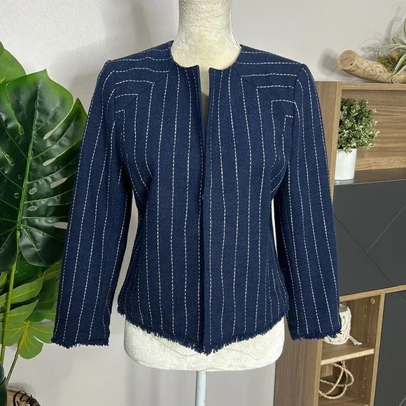 nwt // banana republic collarless stripe blazer with fringe - Picture 3 of 13